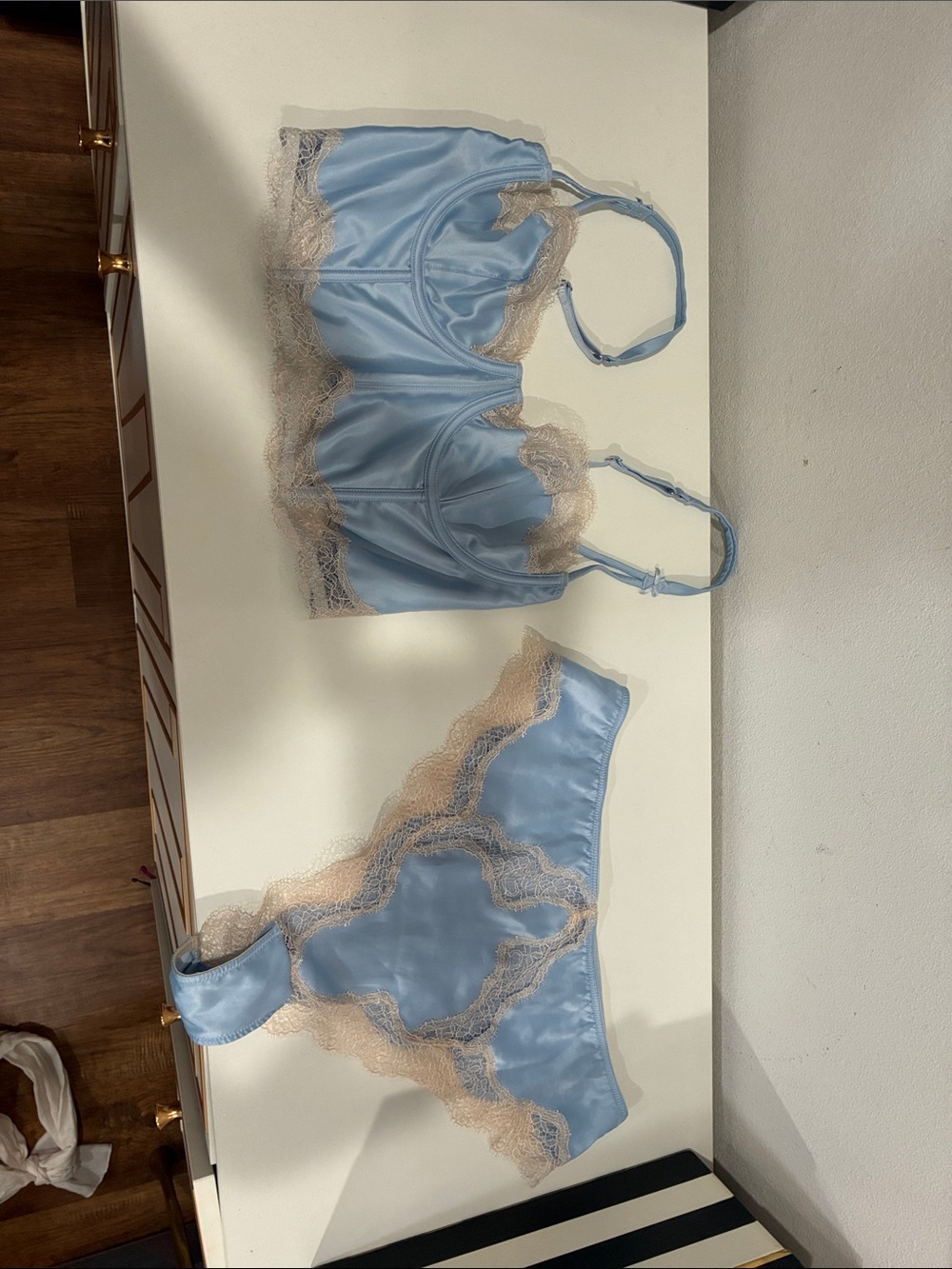 Light Blue Satin Lace Bustier Bra & Brief Set 34C/L